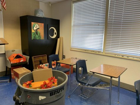 Room 802 as discovered by de la Cruz the morning of Nov. 4, 2019. In the trash bin is a student altar thrown away due to damage from the shattered glass.