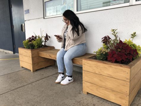 Senior Ruby Rodriguez sits on Green Team’s newly installed benches outside AP Art History teacher James Goodwin’s classroom on Monday, Dec. 2nd, 2019.

