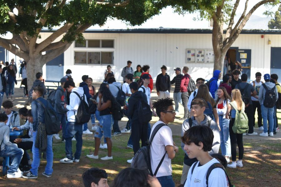 Students gather in the quad of Bonita Vista High (BVH) while others prepare to give a speech during sixth period on March 6. The walkout was organized against a district decision to eliminate 237 positions for the upcoming school year. 
