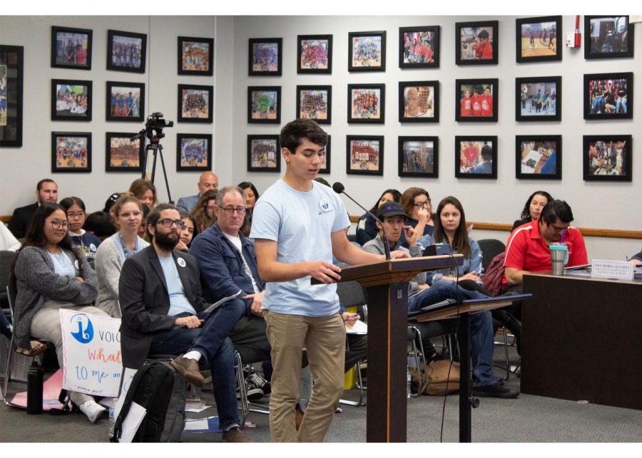 Senior Timothy Tucker speaks to the SUHSD Board of trusties against the proposed plan of cutting the International Baccalaureate (IB) Coordinator position at BVH on Feb. 27. Tucker is just one of several other students, teachers and former alumni who spoke at the budget meeting.