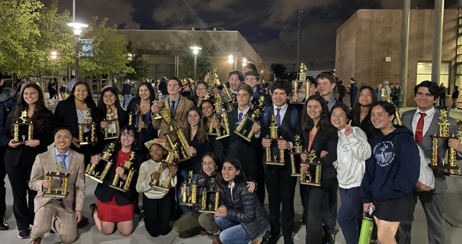 The BVH Speech and Debate team celebrates after qualifying 16 competitors for the California High School Speech Association (CHSSA) State Championship tournament. The team took home trophies for individual placement and for second place overall in Sweepstakes.