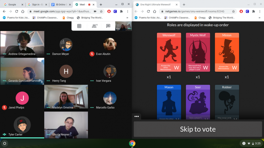  A group of IB students play Werewolf, an online game made to make you be skeptical of what others say. While communicating through a google meet (left) the group went through a website to play Werewolf (right), during the IB Online Game Day that took place on Sept. 26, 2020. 