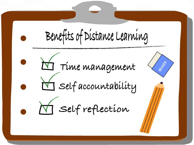 Educational benefits to distance learning are time management, self accountability and self reflection, which are all skills that are very useful in college.