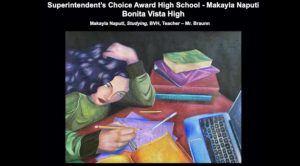 Senior Makayla Naputi won the Superintendent’s Choice Award for her drawing Studying, which depicts a student in remote learning. 