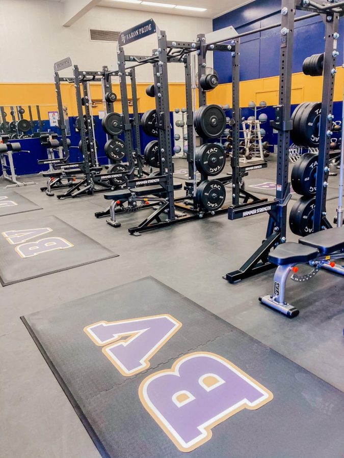 Several new pieces of equipment have been added to the Bonita Vista High weight room. These includes weights of different kinds and mats labeled BV. 