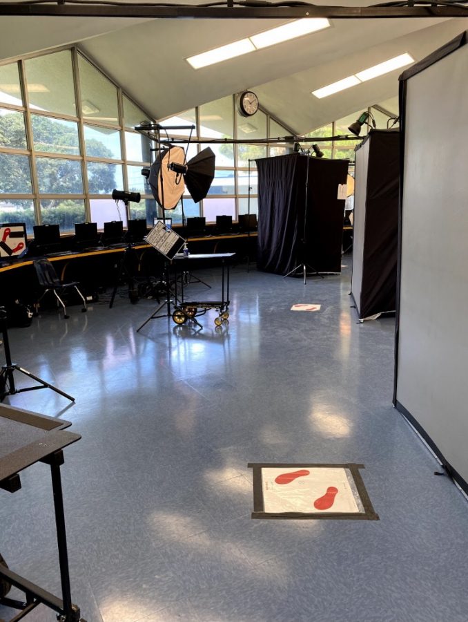 BVH Picture Day was held in the library. Student stood on the red feet when taking their photo socially distanced from the photographer. 