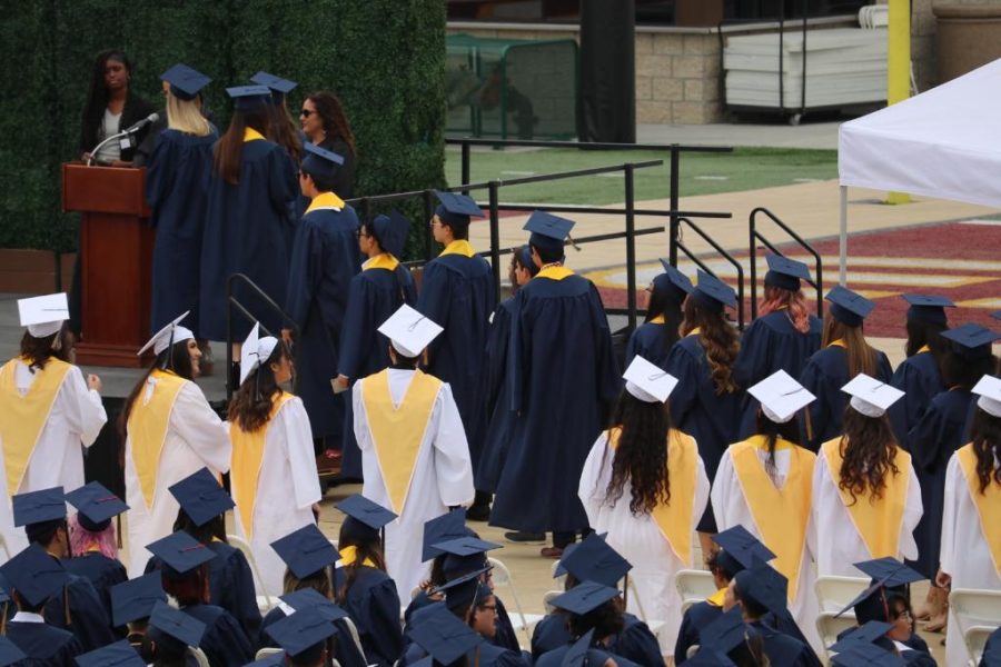 Students walk onto stage at the 2019 Bonita Vista High graduation ceremony. This took place at Southwestern College, unlike the upcoming graduation ceremony for class of 2021. 