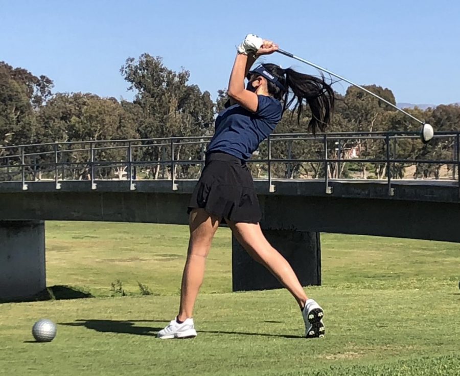 Senior Madison Bianes takes her first swing at Bonita Golf Course in a match against Otay Ranch High. BVH won this match, taking home their first win of the season.