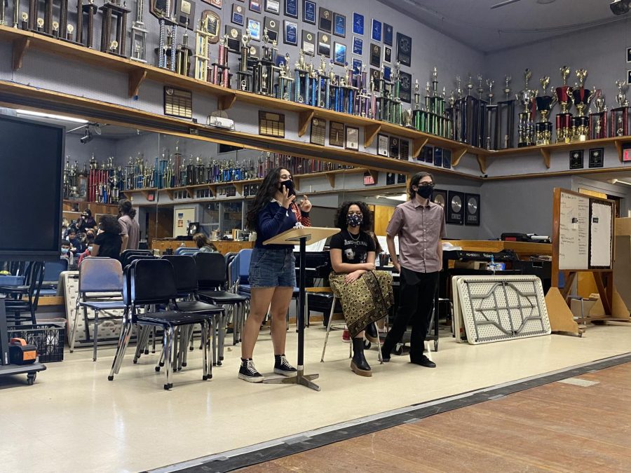 Gay-Straight Alliance (GSA) Co-President and senior Stella Capetanakis conducts a GSA weekly meeting  on Oct. 14 at Bonita Vista Highs Bolles Theater. The club provides a safe space for members of the LGBTQ+ community and sheds a light on different topics educating on LGBTQ+.