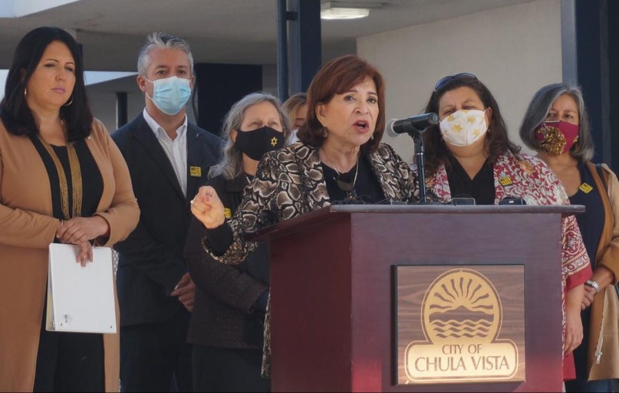 On the main entrance steps of Bonita Vista High School on November 4th 2021, Chula Vista Mayor, Mary Salas talks to the community about how children learn from their environment. She was the second speaker after Chula Vista Councilman Stephen Padilla.
