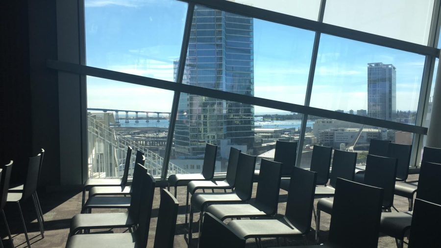 International Baccalaureate diploma candidates ate lunch on the top floor of the San Diego Central library. Students ate burritos overlooking downtown San Diego. 