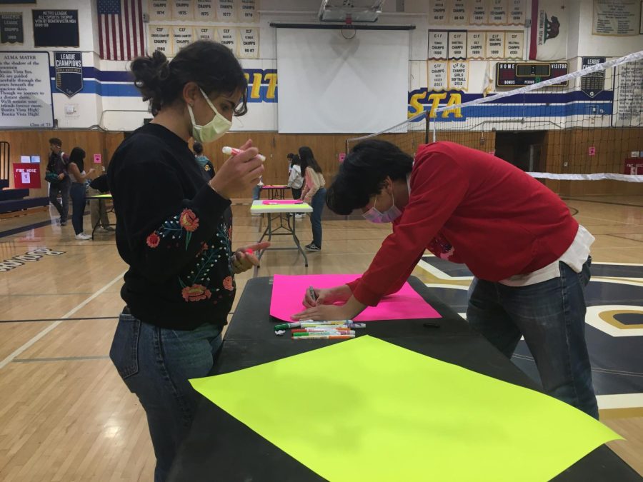 Israel Club Vice President and junior Esther Turquiekamaji and junior Andres Villalpando participate in the ‘Spread Love Not Hate’ workshop by making anti-hate posters. These posters were put up around the school to promote anti-hate messages against the recent acts of vandalism in BVH.