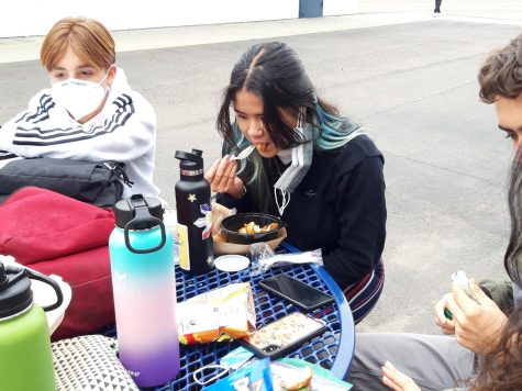 Junior Domonic Cavin (left) sitting next to junior Lannah Garcia (right) who is eating school lunch. She eats outside of the 700s buildings with several of her friends. 