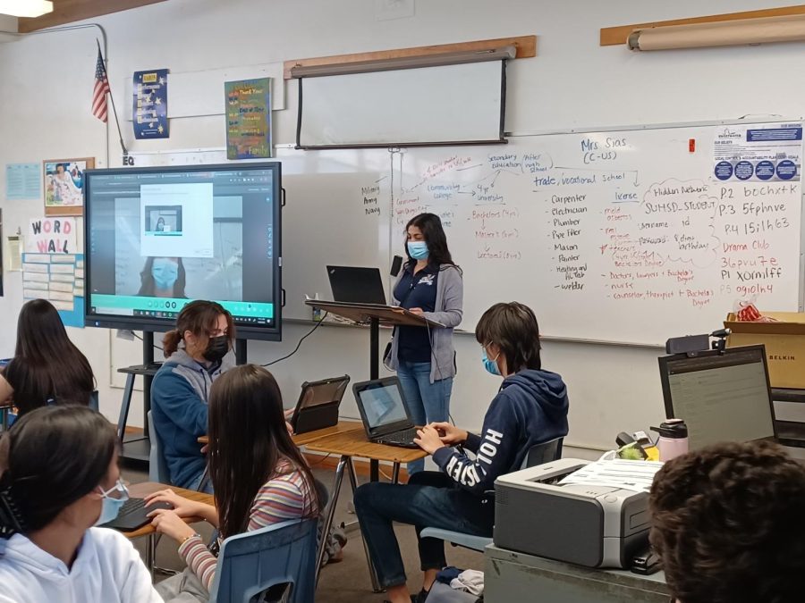 English 10 Accelerated teacher Rosamaria Sias is back in her classroom after being gone for five days due to contracting COVID-19. With her energetic spirit, she is currently teaching her 4th period class.