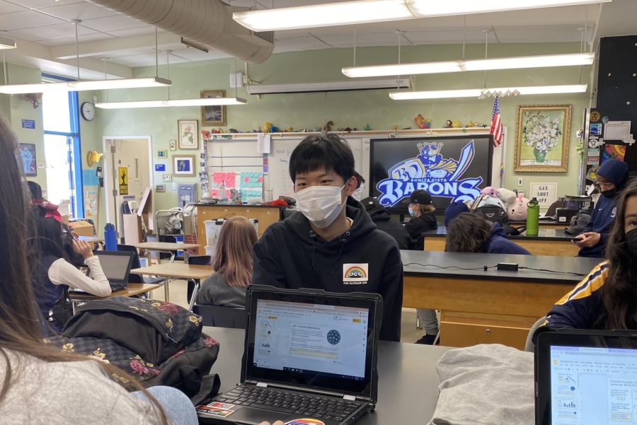At Bonita Vista High in Adrienne Marriott’s Earth studies class, Yosuke Hashimodo and his team debate wether people should get the human papillomavirus vaccine. Hashimodo’s host student is Michelle MacGaffey.