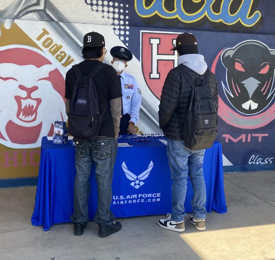 On Feb. 3 at lunch, a U.S. Air Force member visits Bonita Vista High with the
intent to recruit aspiring high schoolers. The Air Force member sets up his table
with pamphlets and a sign-up sheet in the quad.