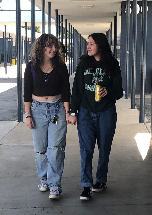 Carolina Levine and Alexis Garcia hold hands and look at each other while they walk down Bonita Vista Highs halls. They plan to dress up and pass out flowers to strangers for Valentines Day.