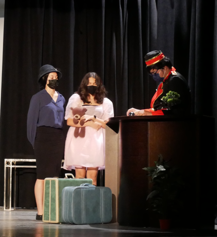 The Bonita Vista Highs (BVH) Drama class rehearses for their latest production, The Mystery of Shady Acres. Left to right, Olivia Apostol (nanny) checks into the hotel with Rebeca Munoz (child) with the help from Jasper Belicario (hotel staff).