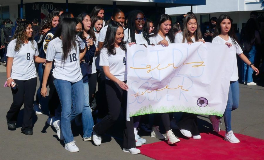 The pep rally hosted by ASB on Feb. 4, recognizes the winter sports teams.
The BVH girls soccer team wear their jerseys and letterman jackets proudly as they head to the stage, along with the crowd cheering. They were the first to walk in the pep rally.