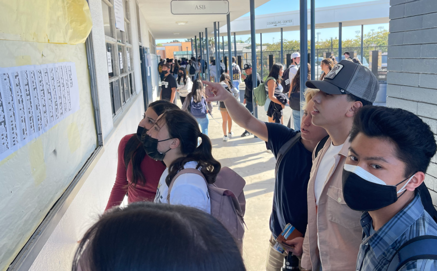Seniors (left to right) Mirayah Villalpando, Sylvanna Olivas, Caleb Hutchins, Ricardo Sandoval and Ethan Acio look for their student ID on the choices list in front of the Associated Student Body store. If a senior is on the choices list, they are not allowed to attend Grad Nite.
