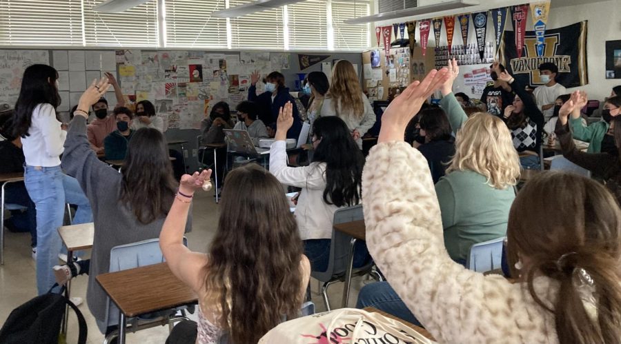 On March 7. during lunch in room 406, members of the astrology club raise their hands as the Founder and President of the astrology club, and junior Estela Krivoshia asks the question, “how many of you are libras?” Meanwhile, Vice President and junior Jessica Engen, and Treasurer and junior Zalia Jacob look around the room to see all the hands raised.