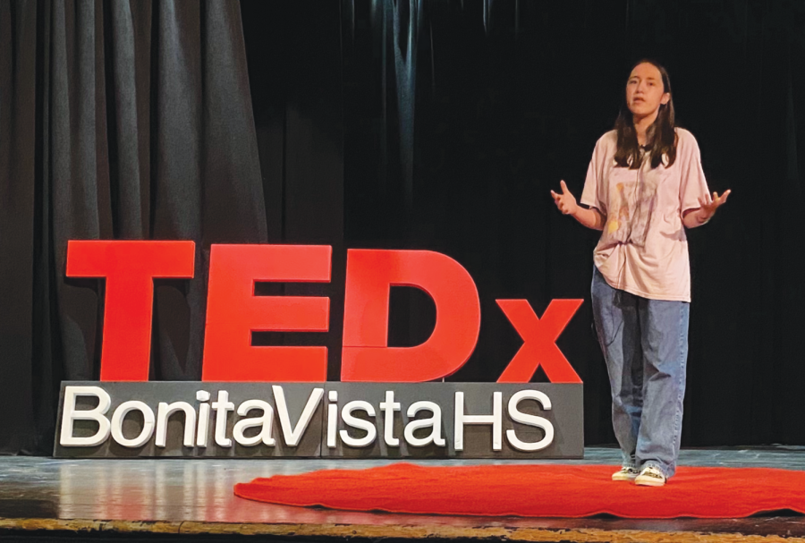 On April 15, speaker and senior Alexis Garcia practices their TEDx speech in Bolles Theater. Garcias speech dives into her involvement with band the past four years and her reflecting as a senior in the program.  