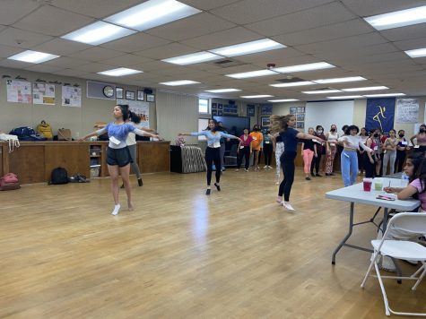 Junior Kai Bonggat (left)
along with other students audition for Get To the Point (GTP) on April 22. They prepare for the main
audition through several dance warmups.