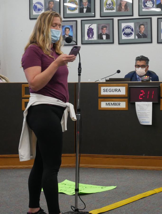 On March 14, Chula Vista Middle Library

Media Teacher Stephanie Hubner passion-
ately asks the Sweetwater Union High School

District to re-open libraries full time and “give
teachers the raise they deserve.” Hubner was
one of SUHSD staff at the meeting advocating
for greater teacher pay.