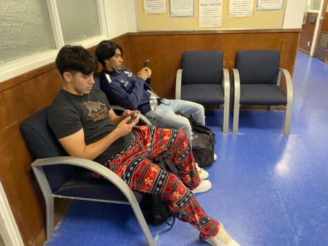 Friday, May 20 was the final day of Advanced Placement exam late testing.
Seniors Luca Jarquin (left) and Lucca Martinez (right) sit in the Bonita Vista
High front officie and wait for the proctors who will take them to a quiet
room to take an afternoon exam.