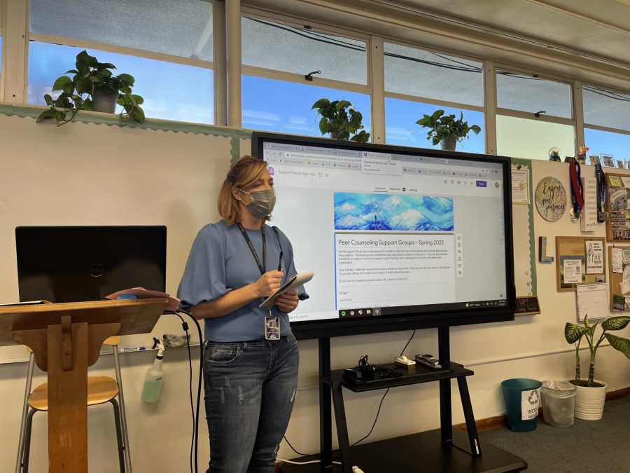 Peer Counseling Teacher Laura Lowrey goes over the google form for Spring 2022s Peer Counseling Support Groups. Going into the 2022-2023, Lowrey will no longer have class-time dedicated to training because the program will continue as a club.