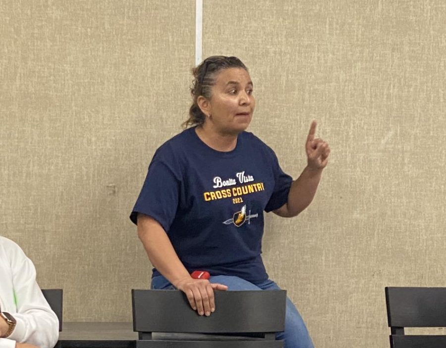 International Baccalaurate (IB) parent Laura Shimizu, speaks passionately
about her concerns expanding white robes during an IB parent meeting
with the Bonita Vista High principal. These parent meetings began at the school level, but has now reached the Sweetwater Union High School District level.