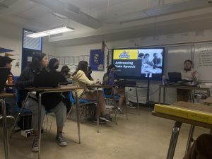 On Aug. 17 in United States History and Women in  American History Candice Devores third period class, Devore goes through a presentation addressing hate speech. In addition to this presentation, teachers were instructed to watch a special BVTV Broadcast with their students addressing the use of hate speech at Bonita Vista High.
