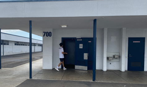 A student walks into Bonita Vista Highs 700s boys restroom. The 700s restroom is where the Crusader first received a report of racist and anti-semitic vandalism in the stalls. 