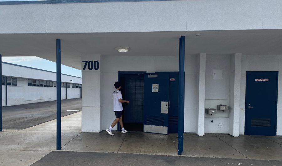 A+student+walks+into+Bonita+Vista+Highs+700s+boys+restroom.+The+700s+restroom+is+where+the+Crusader+first+received+a+report+of+racist+and+anti-semitic+vandalism+in+the+stalls.+