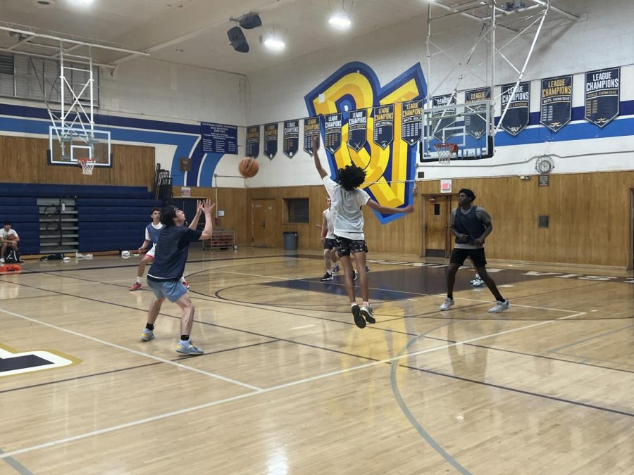 Boys basketball offseason training before zero period. This gym time for practice is now more possible due to the schedule change this school year and with the later start time.