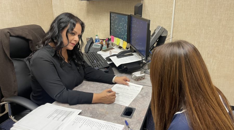 On Sep. 12, counselor Olga Castro talks with a student Riley Basile in her office at Bonita Vista High. She is talking with students preparing them for college.