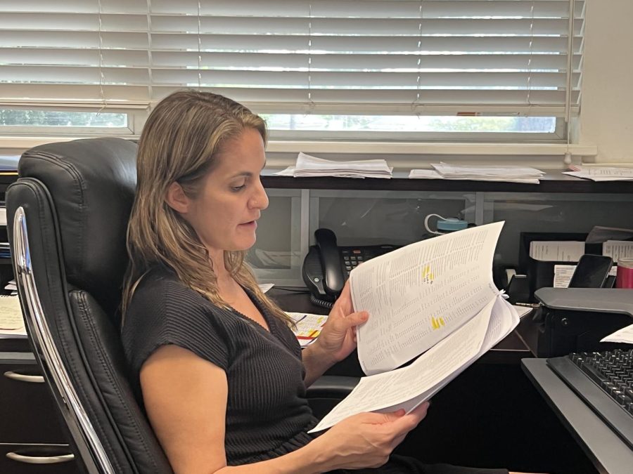 Libia DiBendetto checks the teacher and staff payroll list regularly. This very important list includes the number of hours and absences of Bonita Vista Highs staff.