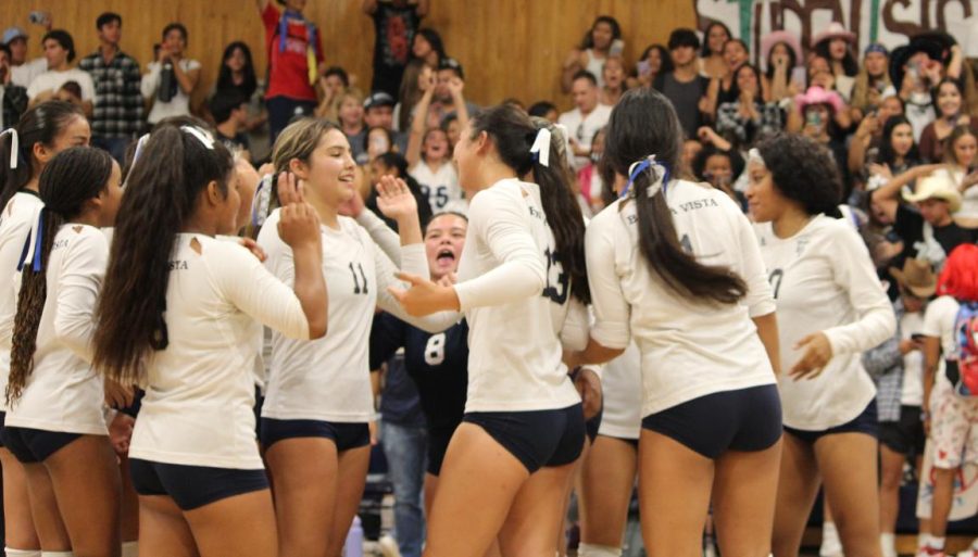 The game ended 3-0, marking the Bonita Vista High (BVH) girls varsity volleyball teams first win of the 2022-23 season. The team huddles up and celebrates their success as the roar of the crowd echos through the gym.