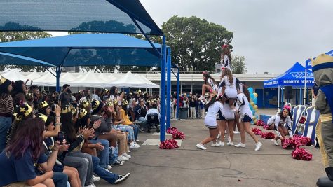 Bonita Vista Middle (BVM) students cheer loudly as the Bonita Vista High (BVH) cheer team performs in front of them. Through BVHs visit, it allows for BVM students to look forward to attending BVH and to understand what school spirit looks like.