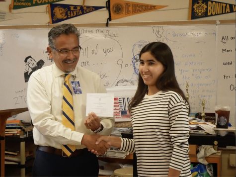 On Oct. 28, BVH Interim Principal Lee Romero visited room 703 to give senior Giselle Geering a letter of commendation. Students in 703 begin to cheer as Romero explains what the letter contained.