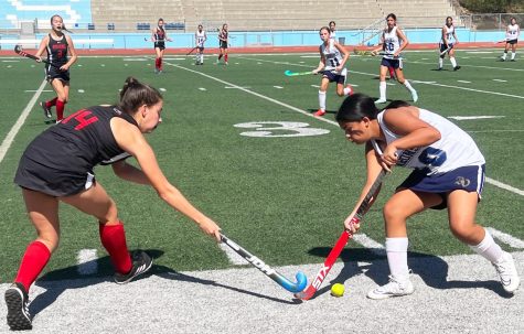 On Oct. 8, 2022 the Bonita Vista High (BVH) girls field hockey team competed in the Centurion Classic against the Canyon Crest Academy (CCA) Ravens. BVHs left mid, defender and sophomore Isabella Garcia (20) plays defense, preventing CCAs Maddie Tresse from gaining possession of the ball. 
