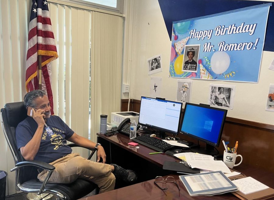 Bonita Vista High (BVH) Interim Principal Lee Romero sits in his office amongst the birthday decorations that were put up by the BVH administrators. They surprised Romero with a pie and birthday decorations for his 59th birthday on Oct. 6.