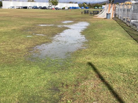 The recent downpour of rain and hail leaves the fields of Bonita Vista High which outdoor sports use to practice flooded. These puddles cost many teams valuable practice time that are solely needed at the beginning of the winter sports seeason. 