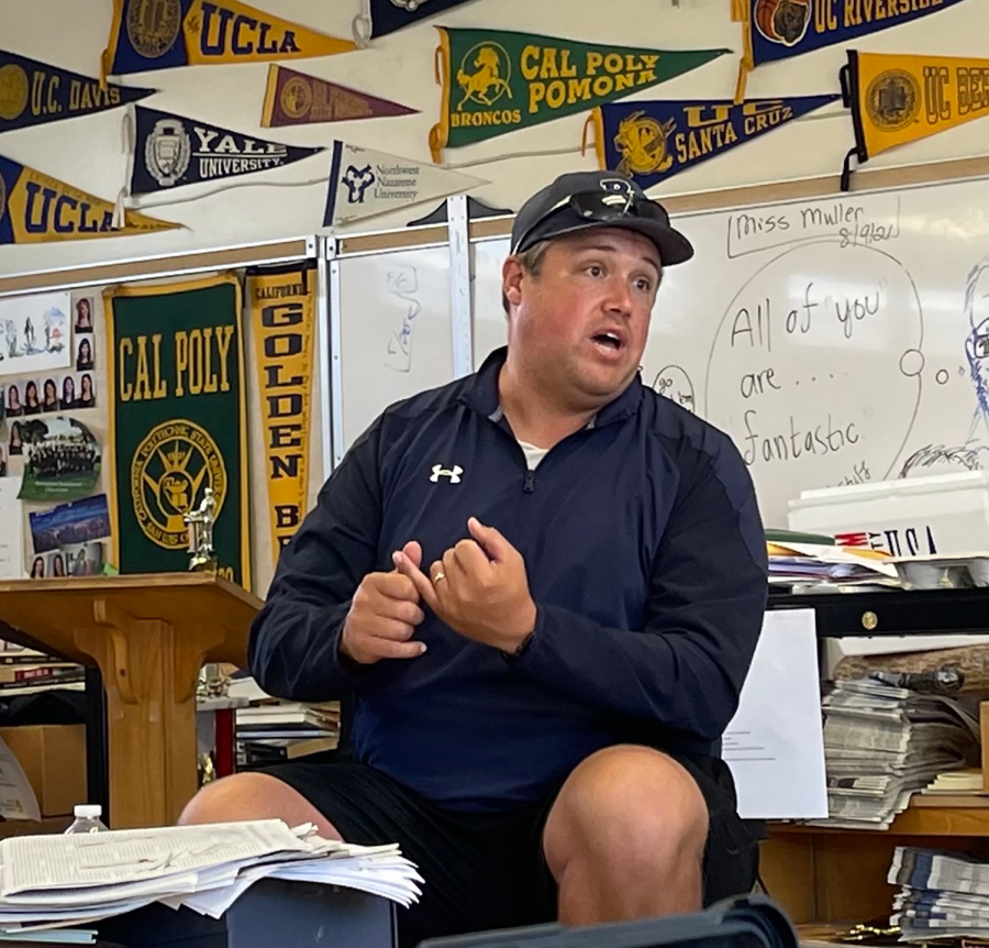 Bonita Vista High football Head coach and Athletics Director Tyler Arciaga talks to the Crusader staff during a press conference. Arciaga won Chargers coach of the week for week 10.