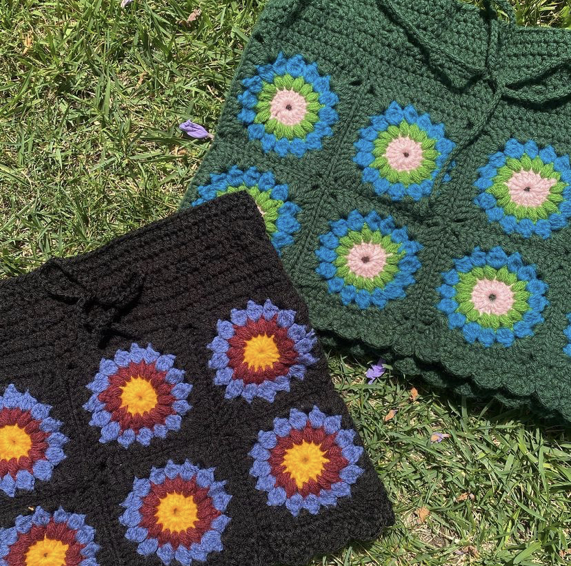 Picture provided by Arianna Cruz’s Instagram page “@ariannamakesstuff.” It depicts two crocheted “starburst skirts”
that were to be sold at an in-person market.