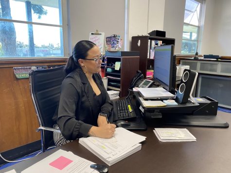 At BVHs front office, Attendance Technician Mayra Valenzuela looks at  infinite campus to check students tardies and absences.