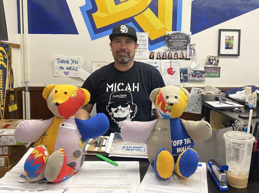 At BVH, Interventions Coordinator Steven Wiggs wears a T-shirt of his late son Micah Pietila-Wiggs. Sitting on his desk are two of the seven bears made by P.E teacher Randi Wittak to honor his memory. Wittak will make five more bears for other family members in the future.