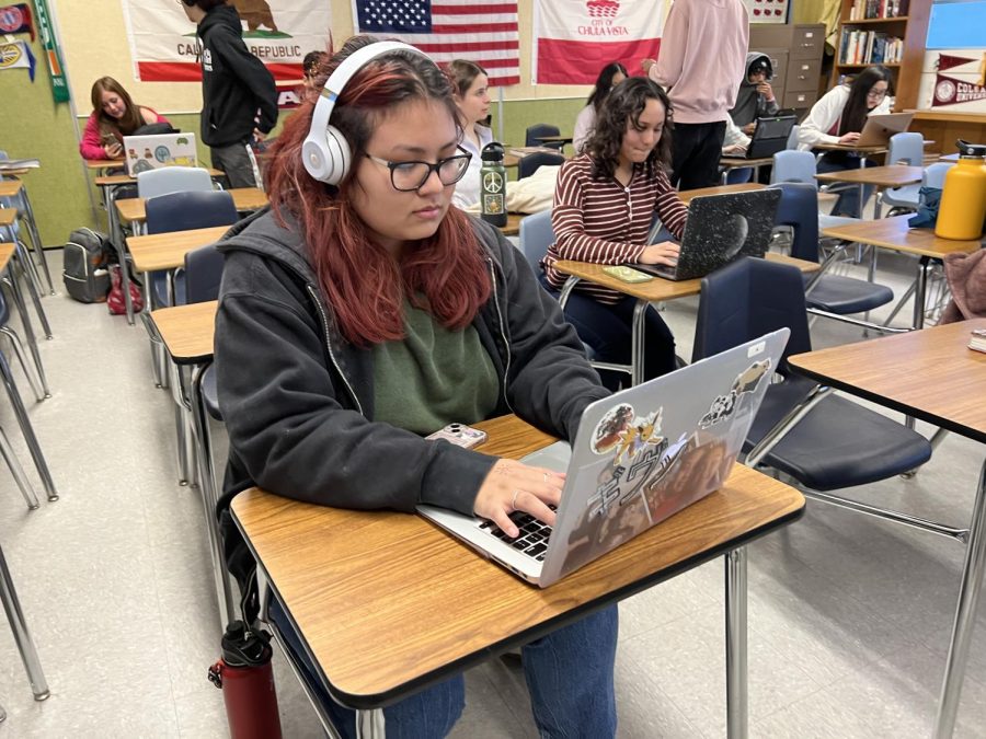 Senior+Dakota+Navarro+uses+her+personal+laptop+in+her+Advanced+Placement+%28AP%29+United+States+Government+and+Politics+class.+Students+must+be+pre-approved+in+order+to+connect+their+personal+devices+to+the+school+WiFi.