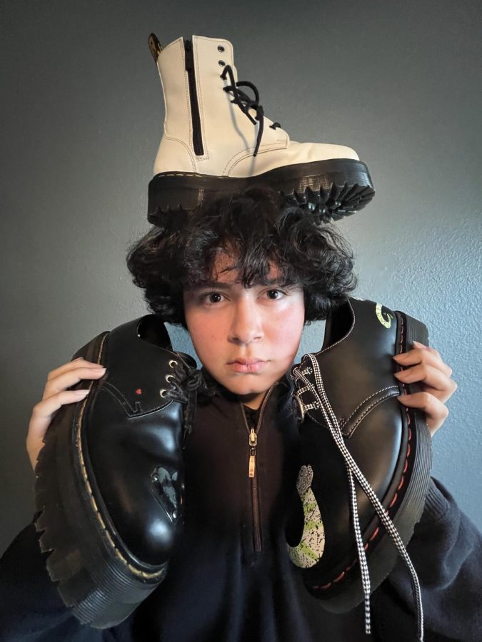 Bonita Vista High junior Marvin Canton collects Doc Martin Shoes, he is pictured here with a pair of White Jadons on his head, a Doc Martin 1461 Quad Betty boop platform on his left and 1461 rubberized Beetlejuice Oxford Doc Martins on Feb 2.