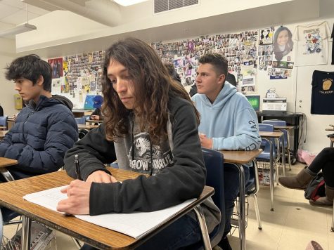 On February 23, Bonita Vista High Health students take notes on a film on paper instead of the usual computer notes taken, Across BVH’s campus assessments are delayed and adjusted to be done on paper.
